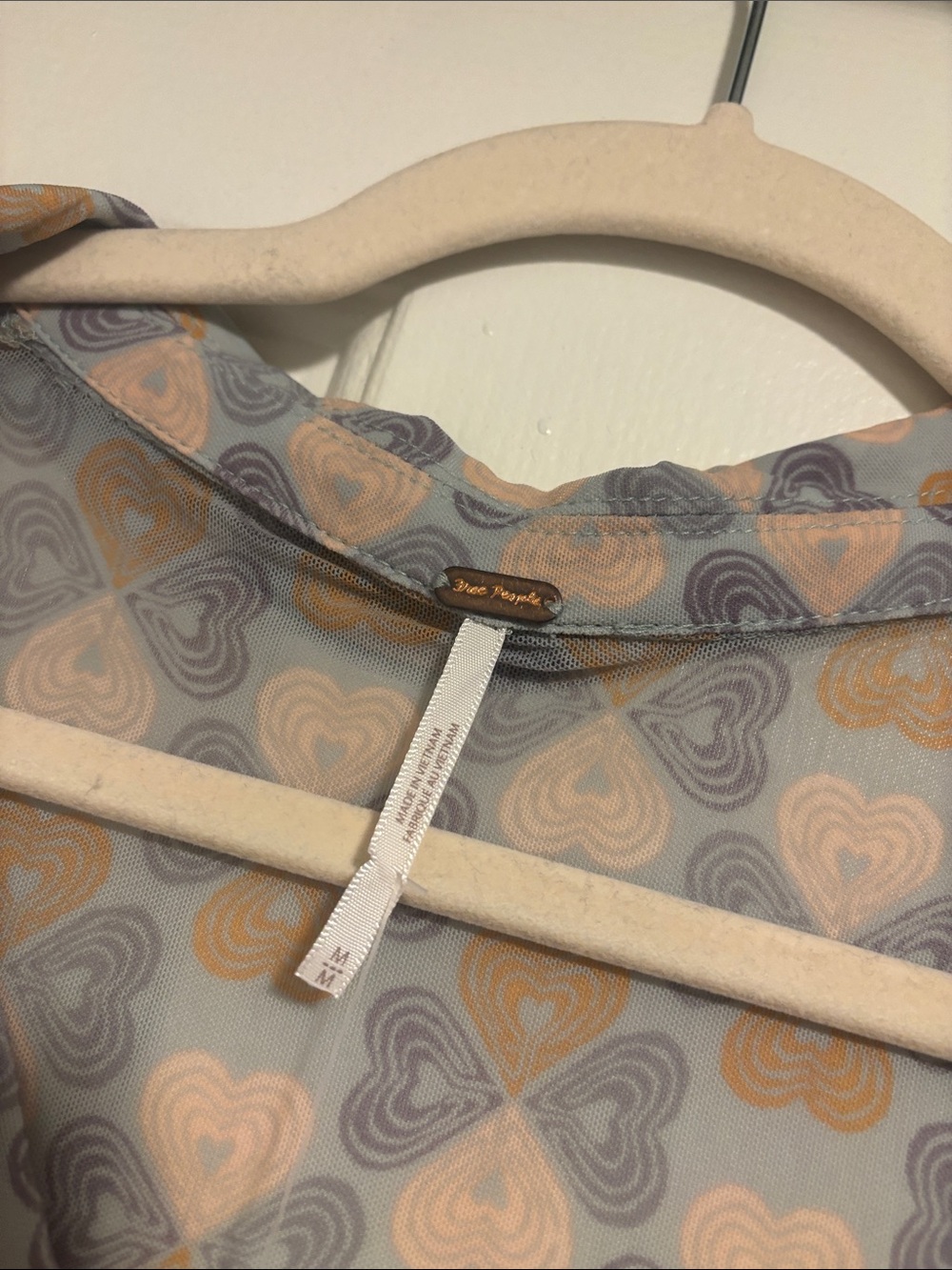 Free People Beige and Light Blue Heart-Print Ruched Button-Down Top - Picture 5 of 6